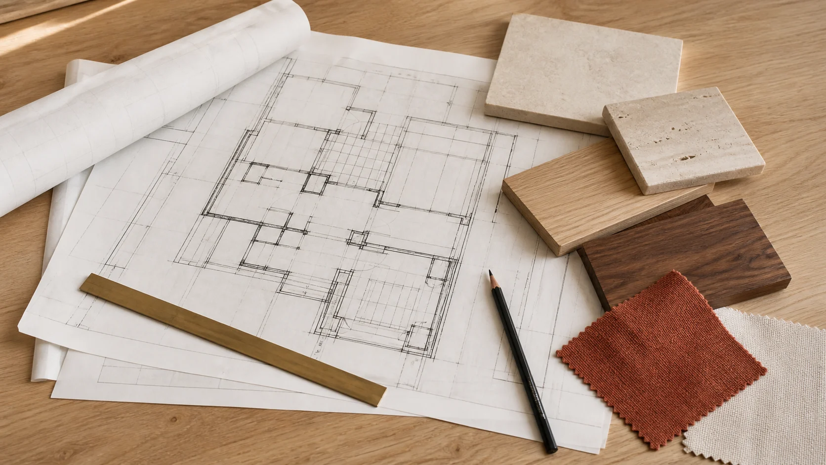 Architectural plans, wood samples, stone, and finish materials arranged for a custom home design meeting