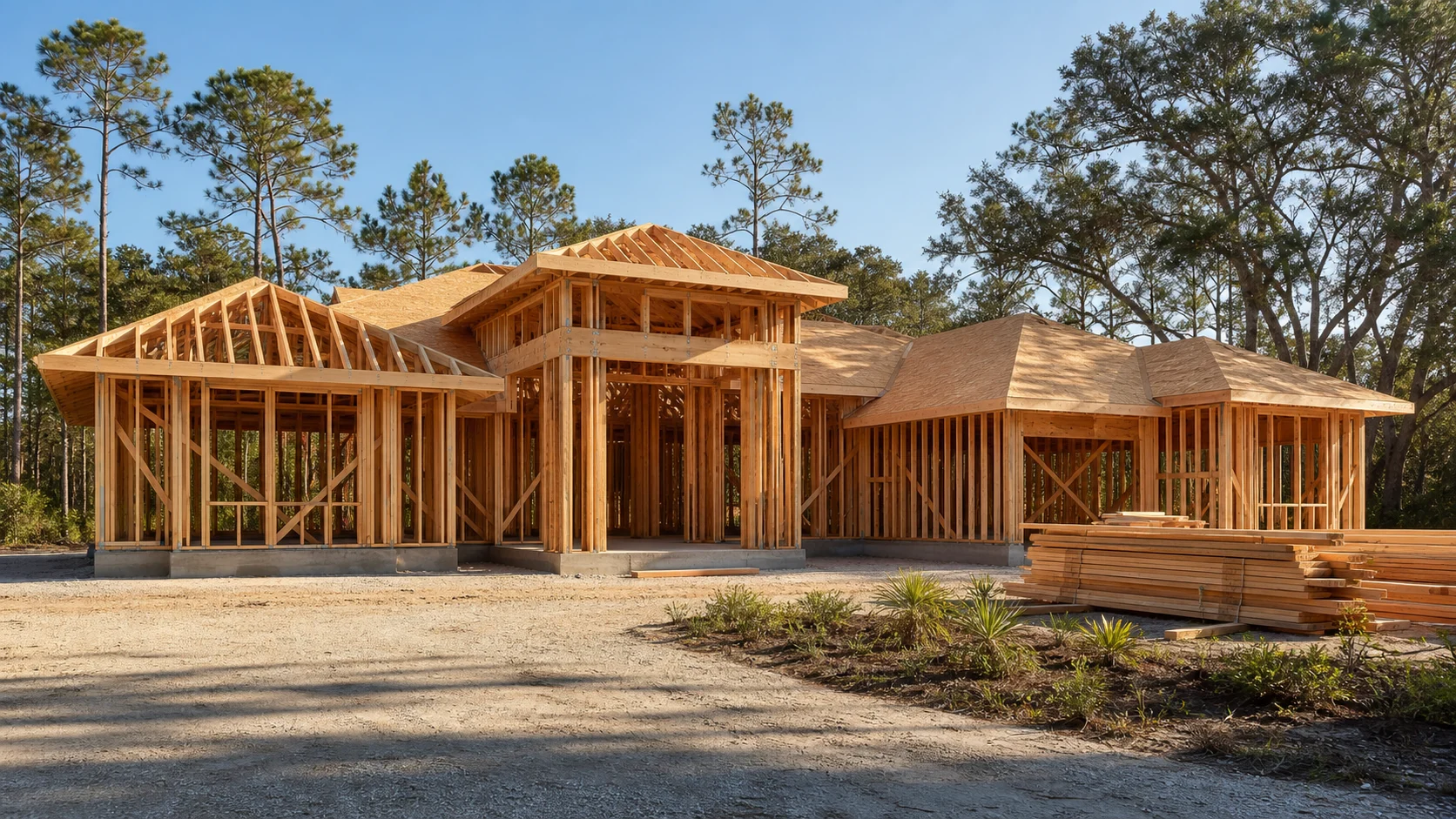 Custom home framing in progress during the construction process